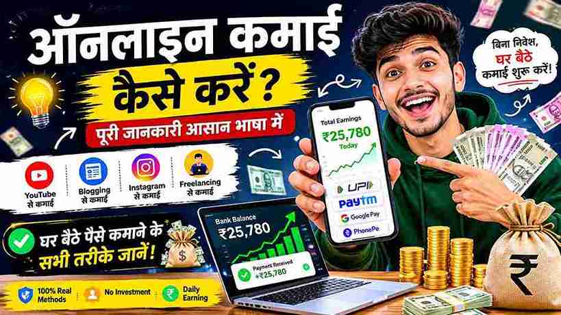ऑनलाइन कमाई 2026 से जुड़ी जानकारी दिखाती डिजिटल इमेज, लैपटॉप, मोबाइल और इंटरनेट से पैसे कमाने के तरीके
